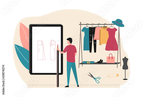 A male fashion designer draws a pattern for tailoring a dress. Concept of atelier of clothing, hobby, tailor. Flat vector illustration isolated on white background.