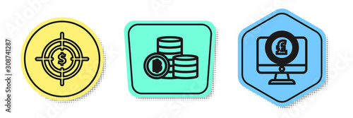 Set line Target with dollar symbol, Cryptocurrency coin Bitcoin and Computer monitor with pound sterling symbol. Colored shapes. Vector