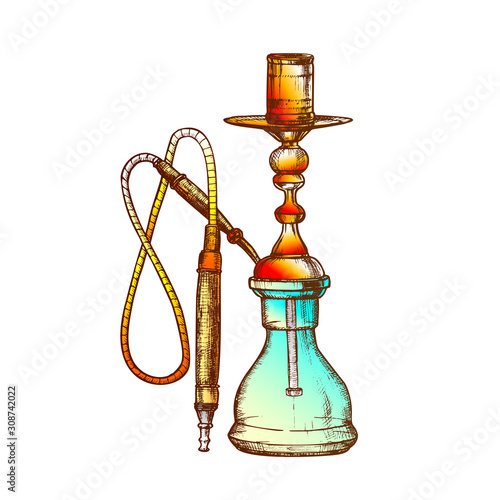 Hookah Lounge Cafe Equipment Hand Drawn Vector. Single Stemmed Hookah Whose Vapor Or Smoke Is Passed Through Water Basin Often Glass Based Inhalation. Color Designed In Retro Style Illustration