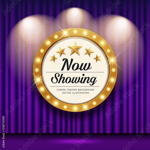 Cinema Theater vector and circle sign gold light up curtains purple design background, illustration