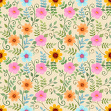 Seamless pattern with colorful flowers on yellow background.