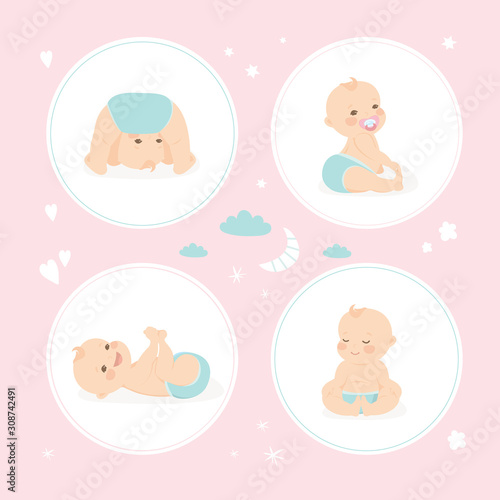 Set of cute infant babies. Cartoon newborn baby in various poses.