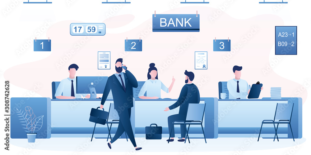 Modern bank office interior. Bank managers and customers characters. People clients in bank office room. Modern bank office interior. Bank managers and customers characters. People clients in bank office room.