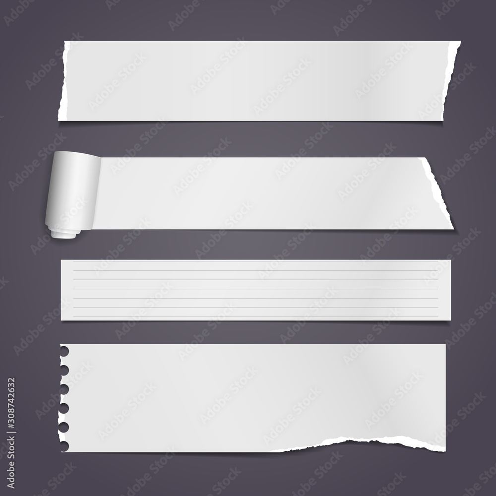 Rolled and ripped white note paper pieces, strips are on dark background for text. Vector illustration