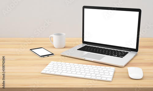 Blank Computer, laptop, Smartphone, keyboard, mouse on wood table background, workspace, Mock up, illustration 3D rendering