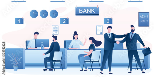 Business people clients and bank staff on workplace. Bank managers and customers characters. Financial consultant.