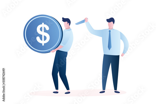 Angry bad worker colleague want kill employee with coin. Crime betrayal accident isolated on white background.