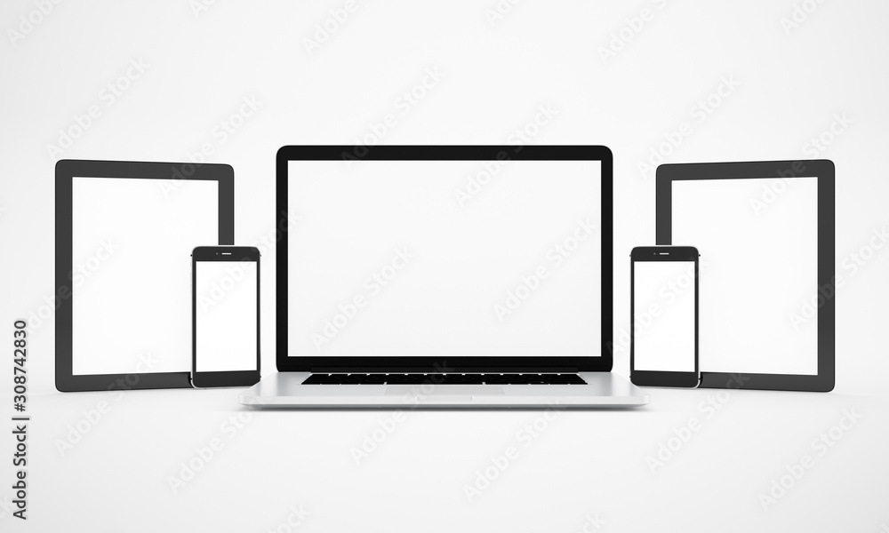 Computer, laptop, tablet, smartphone, display. on white background workspace mock up design illustration 3D rendering Computer, laptop, tablet, smartphone, display. on white background workspace mock up design illustration 3D rendering