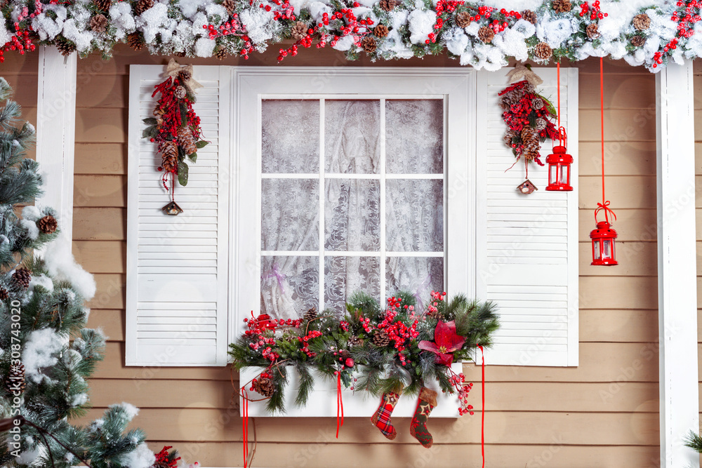 Window Of the House Decorated For Christmas And New Year Window Of the House Decorated For Christmas And New Year