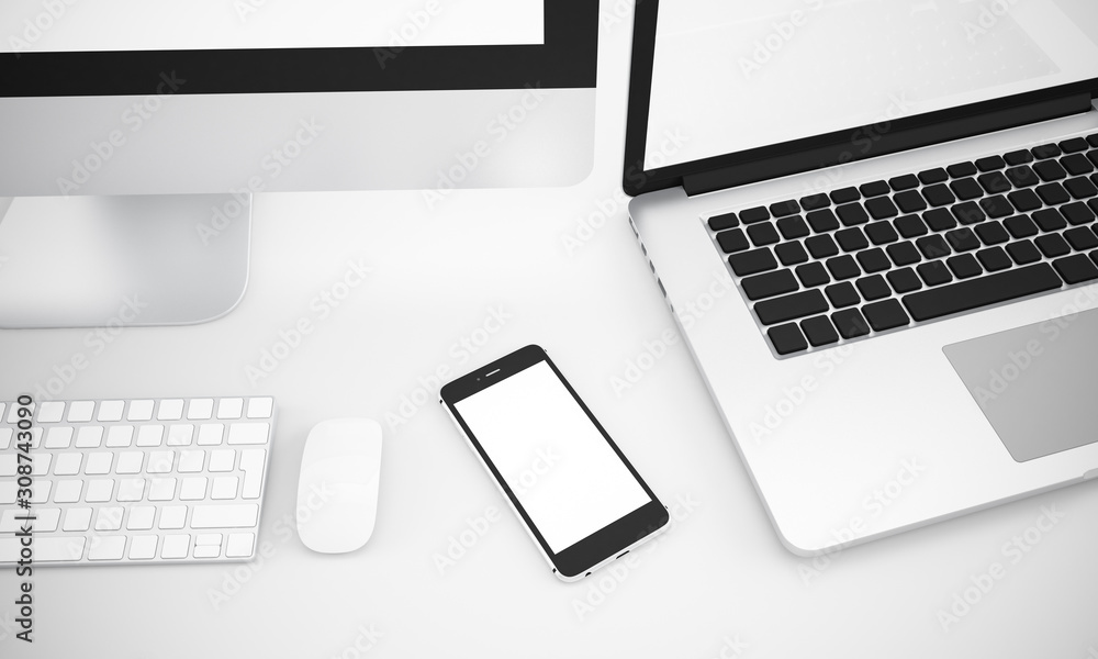 Blank Computer, laptop, tablet, smartphone, keyboard, mouse on white background, Mock up, illustration 3D rendering Blank Computer, laptop, tablet, smartphone, keyboard, mouse on white background, Mock up, illustration 3D rendering