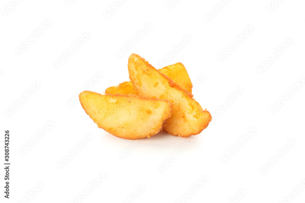 Slices of baked potato wedges isolated on white background, closeup Slices of baked potato wedges isolated on white background, closeup