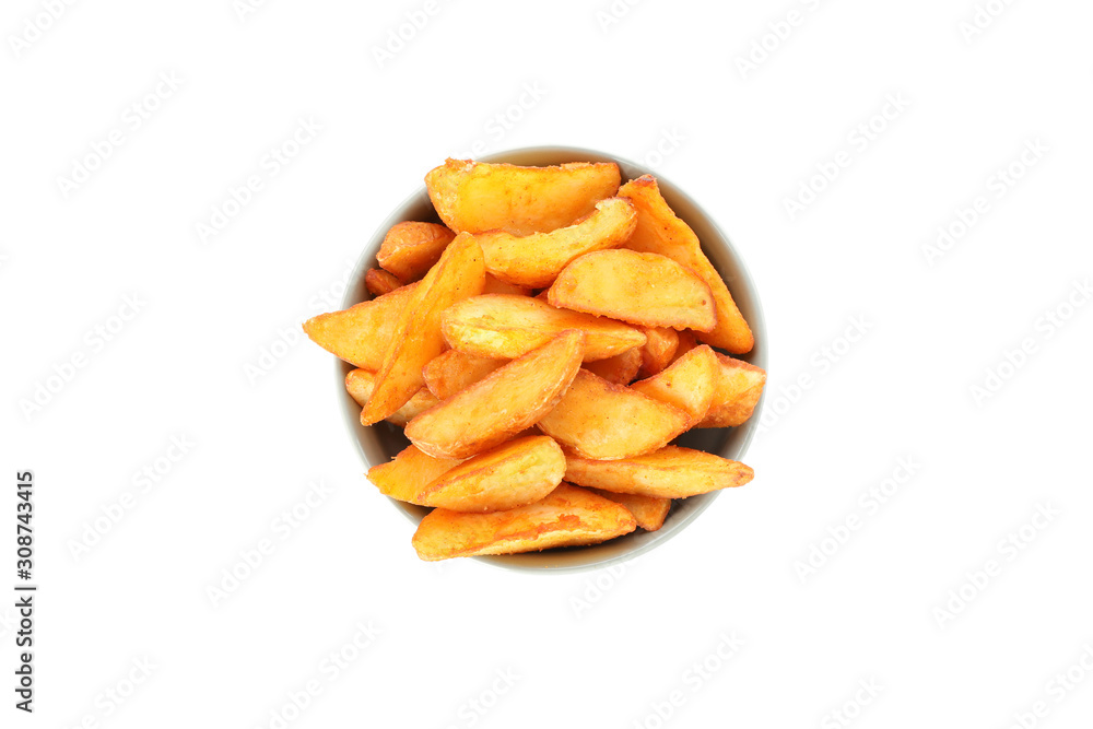 Bowl with slices of baked potato wedges isolated on white background, top view Bowl with slices of baked potato wedges isolated on white background, top view