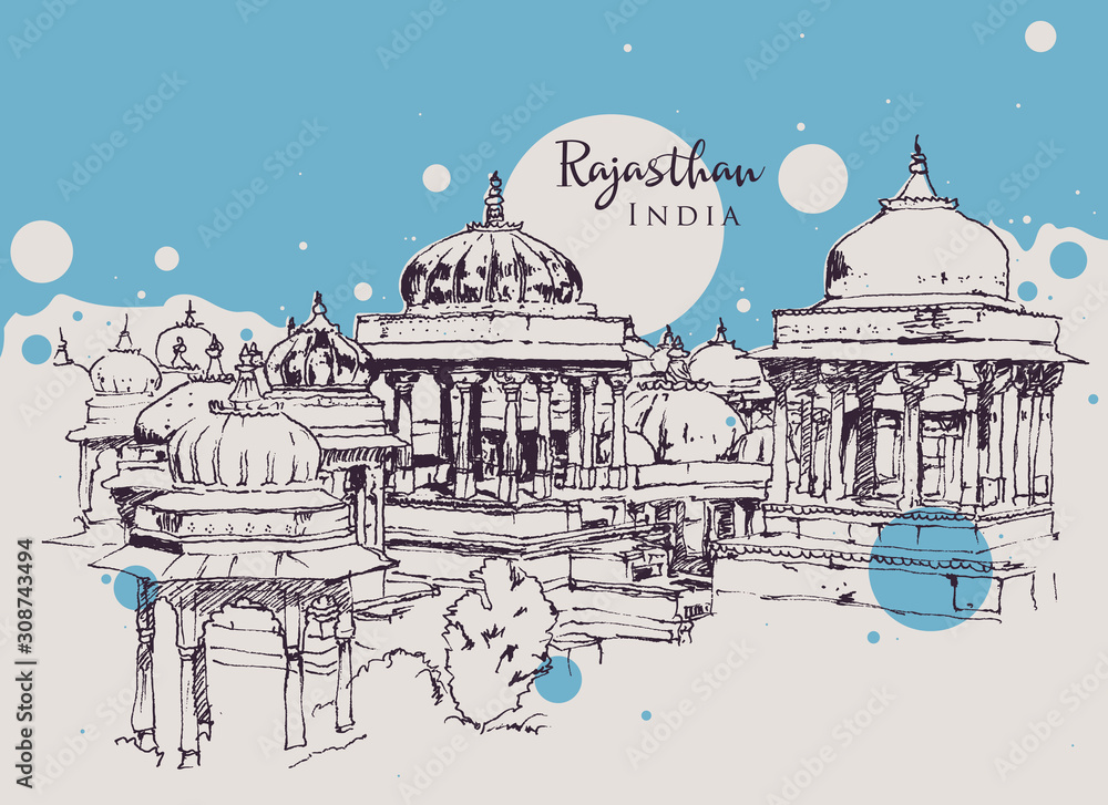 Drawing sketch illustration of Ahar cenotaphs, India