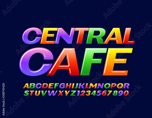 Vector colorful Emblem Central Cafe. Bright Glossy Font for Children. Creative Alphabet Letters and Numbers.