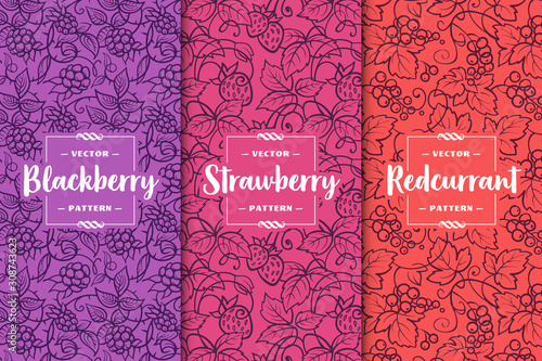 Set of three berries patterns. Blackberry, strawberry, red currant. Flat vector illustration.