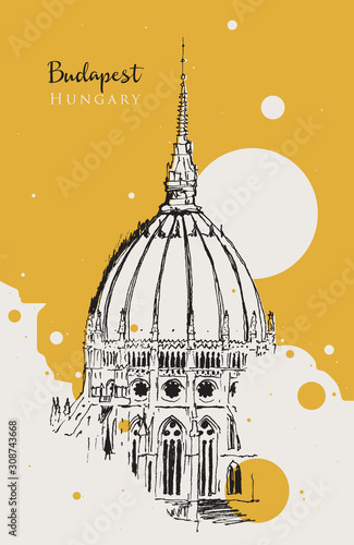 Photography Drawing sketch illustration of the dome of Hungarian Parliament building