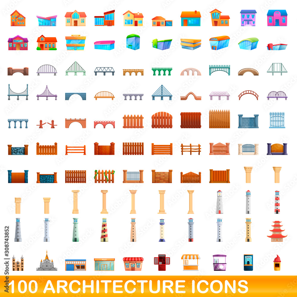 100 architecture icons set. Cartoon illustration of 100 architecture icons vector set isolated on white background