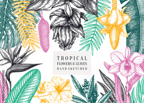 Tropical paradise frame design. With hand drawn exotic flowers and palm leaves sketches. Tropical wedding invitation or card template.  Exotic plants vintage background. Vector botanical illustration.