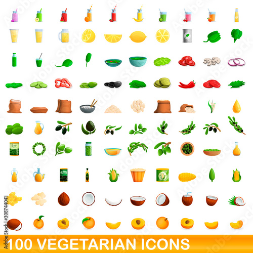 Fototapeta Naklejka Na Ścianę i Meble -  100 vegetarian icons set. Cartoon illustration of 100 vegetarian icons vector set isolated on white background