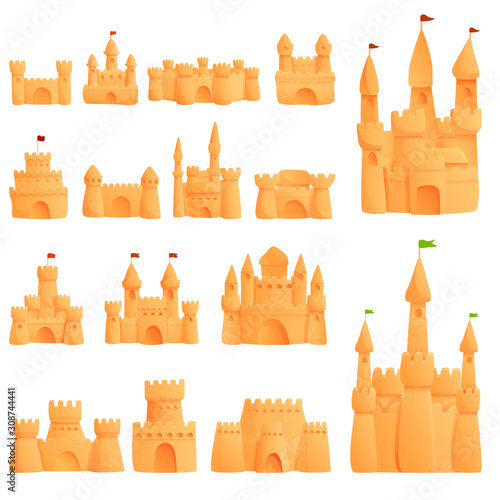 Castle sand icons set. Cartoon set of castle sand vector icons for web design