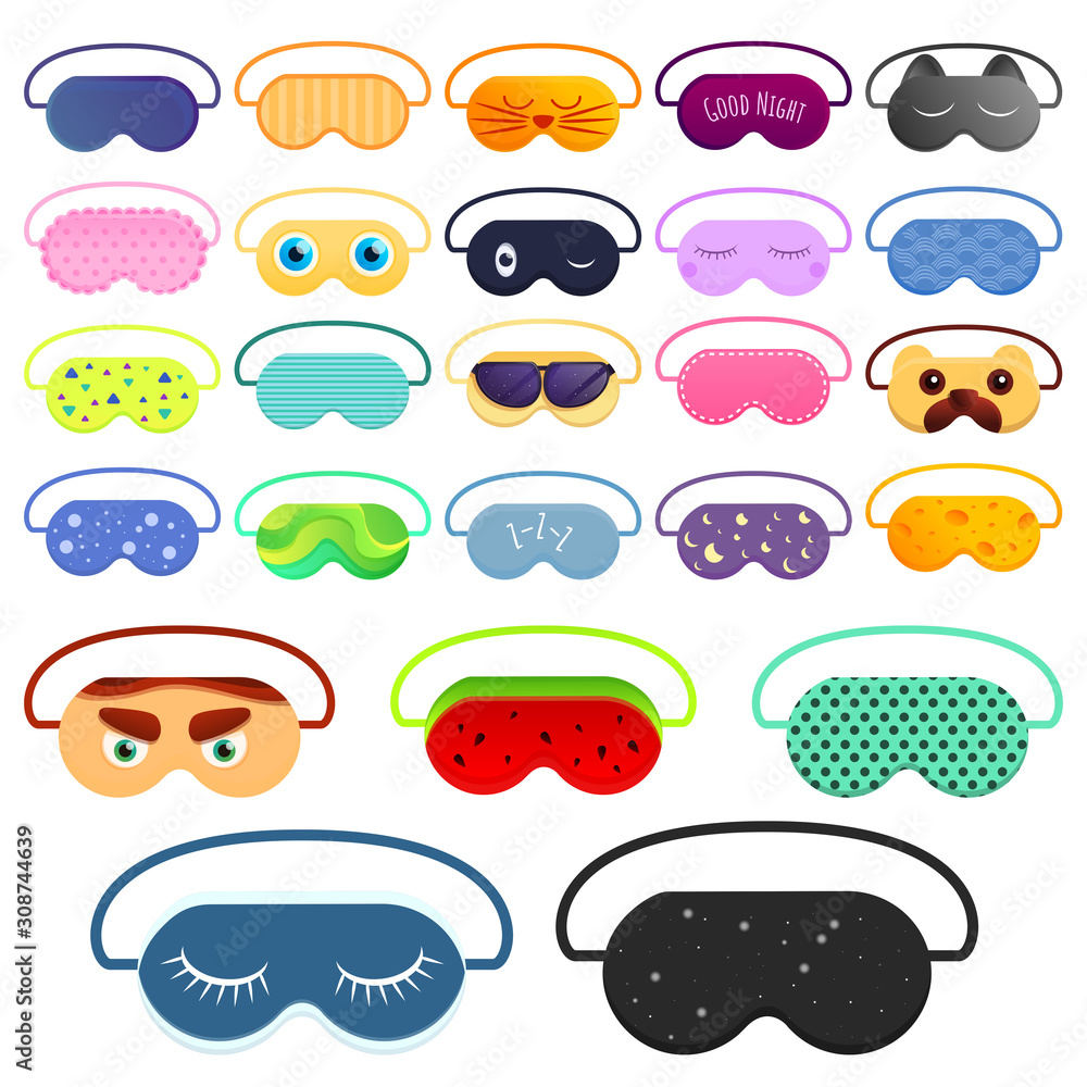 Sleeping mask icons set. Cartoon set of sleeping mask vector icons for web design Sleeping mask icons set. Cartoon set of sleeping mask vector icons for web design
