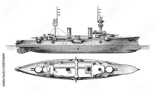 Cruiser SMS Furst Bismarck (Germany) / vintage illustration from Meyers Konversations-Lexikon 1897