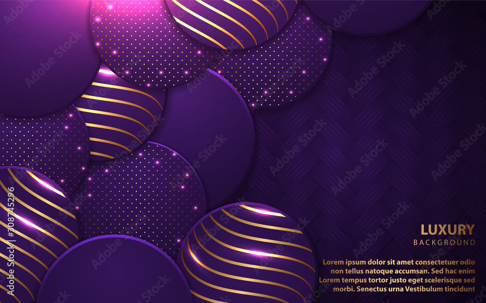 Fototapeta premium Abstract circle overlapping layers background a combination with golden texture line decoration. Blue purple luxury premium concept vector design template for element modern cover, banner, card