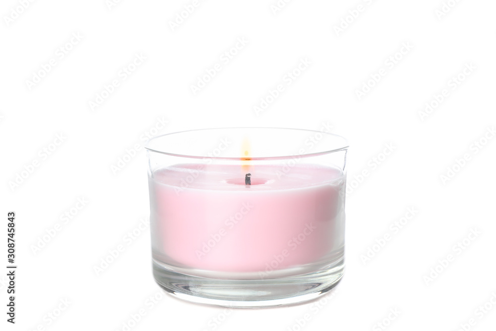 Pink burning candle in glass jar isolated on white background Pink burning candle in glass jar isolated on white background