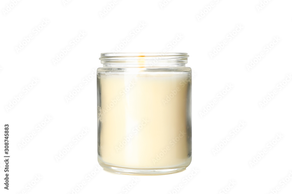 Yellow burning candle in glass jar isolated on white background Yellow burning candle in glass jar isolated on white background