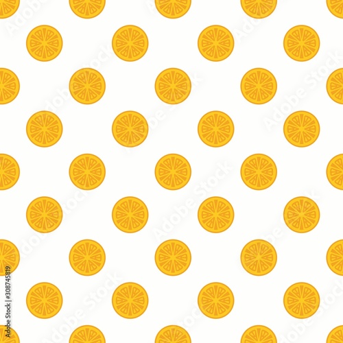 Juicy orange. Tasty fruit. Cut in half. Minimalistic icon. Colorful graphic vector seamless pattern. Cartoon style, simple flat design. Trendy illustration. Equal interval