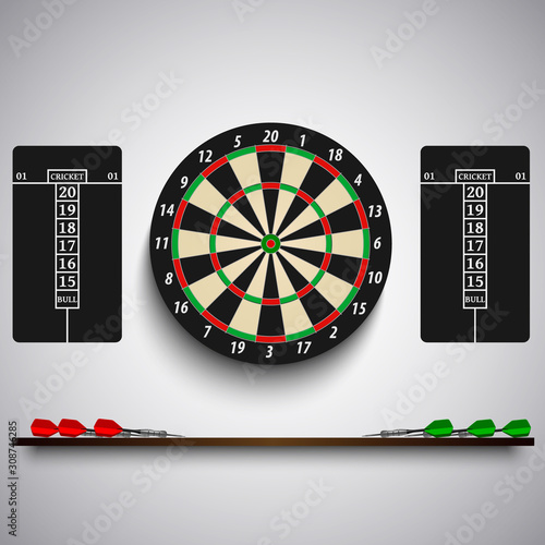 Dart board with colored steel tips on the wall