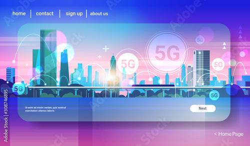 smart city 5G online communication network wireless systems connection concept fifth innovative generation of global high speed internet modern cityscape background flat horizontal copy space vector