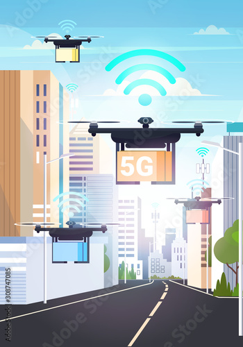 drones flying with cardboard boxes over smart city 5G online network wireless system connection express air delivery concept fifth innovative generation of internet vertical cityscape background