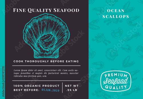 Premium Quality Seafood Abstract Vector Scallop Packaging Design or Label. Modern Typography and Hand Drawn Sketch Seamless Pattern Background Layout of Shrimps, Clams, Scallops, Squids and Crabs