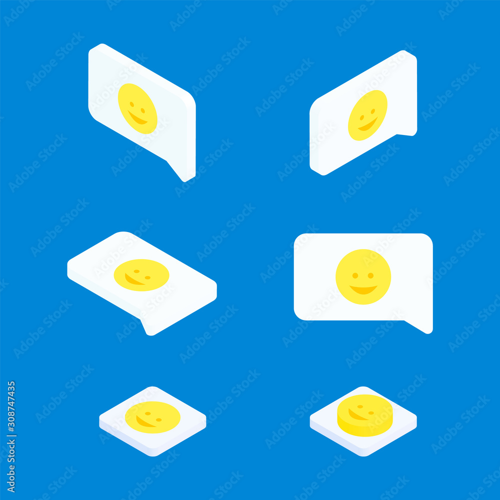 Social media isometric set. Interface modern elements: chat, smile. Digital vector collection isolated on the blue background. Social media isometric set. Interface modern elements: chat, smile. Digital vector collection isolated on the blue background.