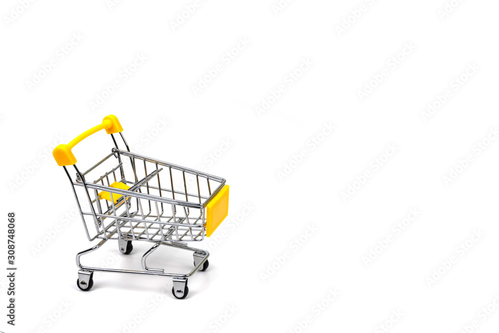 Yellow shopping cart isolated on white background.