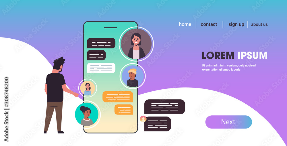 man using smartphone chatting with mix race people social network chat bubble communication concept online mobile messaging application horizontal copy space vector illustration man using smartphone chatting with mix race people social network chat bubble communication concept online mobile messaging application horizontal copy space vector illustration