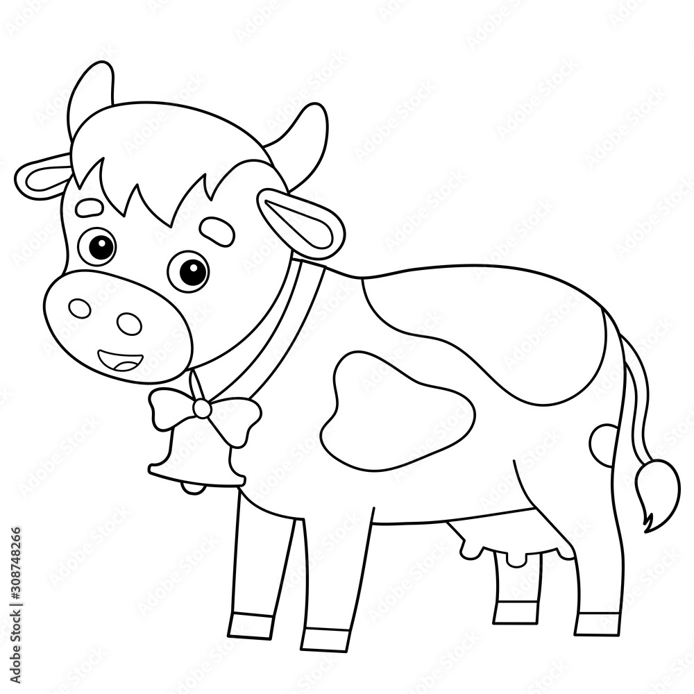 Coloring Page Outline of cartoon cow with bell. Farm animals ...