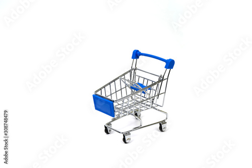 Blue shopping cart isolated on white background.