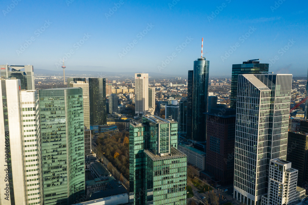 Fototapeta premium Frankfurt am Main aerial view with drone. Sunset in Frankfurt am Main. 10.12.2019 Frankfurt am Main Germany.