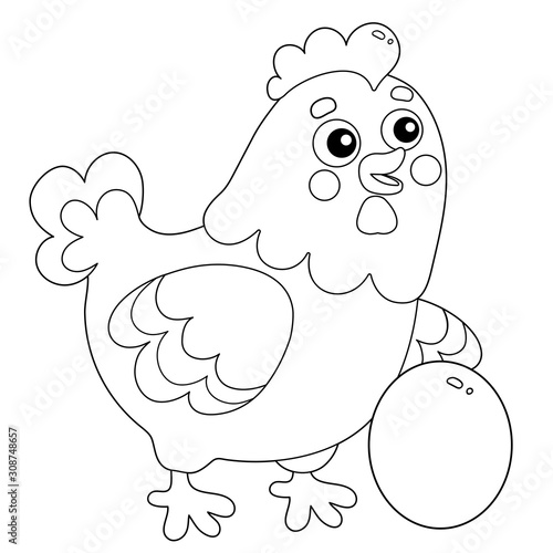 Coloring Page Outline of cartoon chicken or hen with egg. Farm animals. Coloring book for kids.