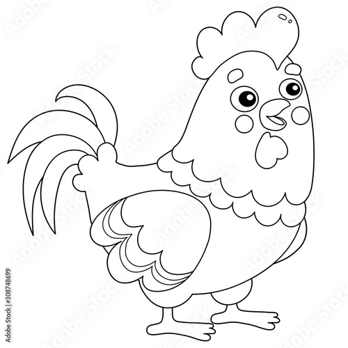 Coloring Page Outline of cartoon rooster. Farm animals. Coloring book for kids.