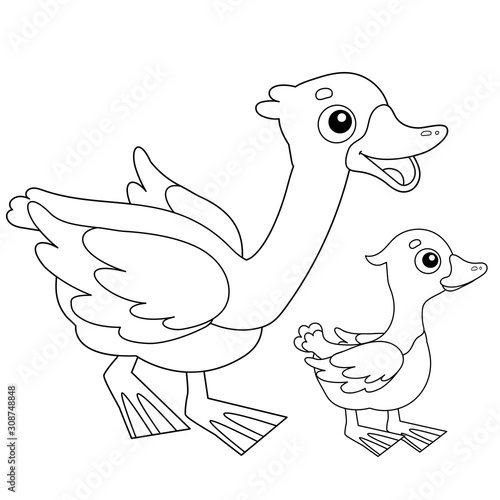 Coloring Page Outline of cartoon goose with gosling. Farm animals. Coloring book for kids.