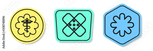 Set line Emergency star medical symbol Caduceus snake with stick, Crossed bandage plaster and Cross hospital medical. Colored shapes. Vector