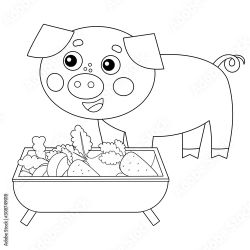 Coloring Page Outline of cartoon pig or swine with food. Farm animals. Coloring book for kids.