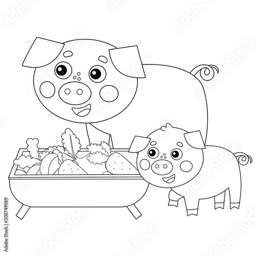 Coloring Page Outline of cartoon pig with piggy. Farm animals. Coloring book for kids.