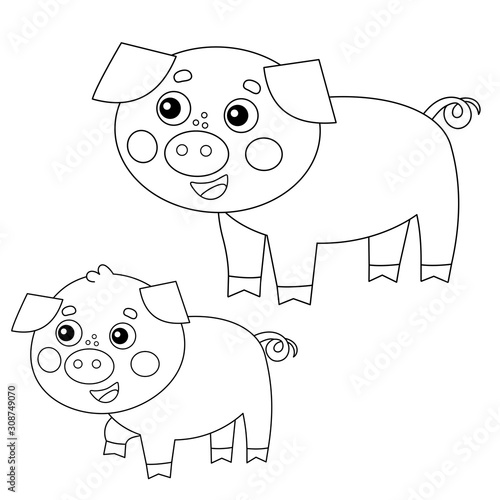 Coloring Page Outline of cartoon pig with piggy. Farm animals. Coloring book for kids.