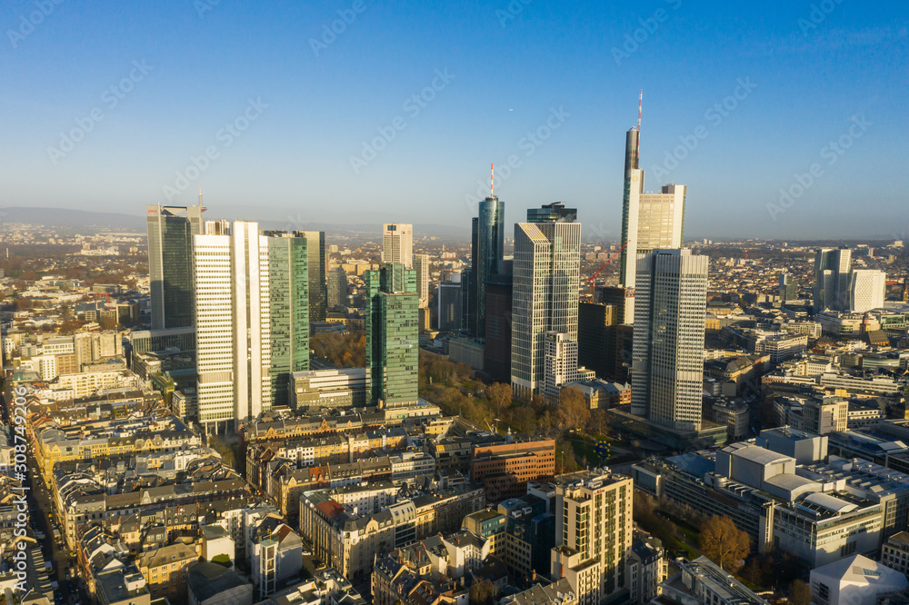 Obraz premium Frankfurt am Main aerial view with drone. Sunset in Frankfurt am Main. 10.12.2019 Frankfurt am Main Germany.