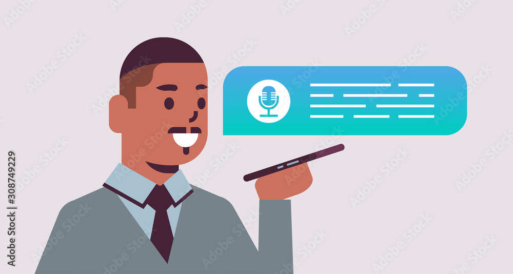 african american man using smartphone voice assistant speech recognition mobile application social network communication message recording concept horizontal portrait vector illustration african american man using smartphone voice assistant speech recognition mobile application social network communication message recording concept horizontal portrait vector illustration