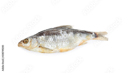 Tasty dried fish isolated on white, above view. Seafood